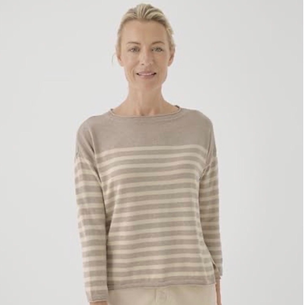 Pact Women Classic Fine Knit Wide Neck Sweater Oat Stripe Organic Cotton Small